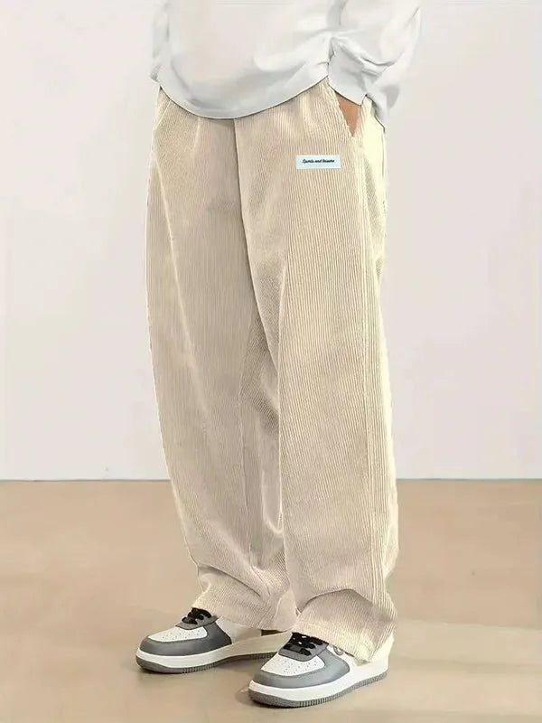 Men's full-length corduroy drawstring pants with elastic waist in classic relaxed style