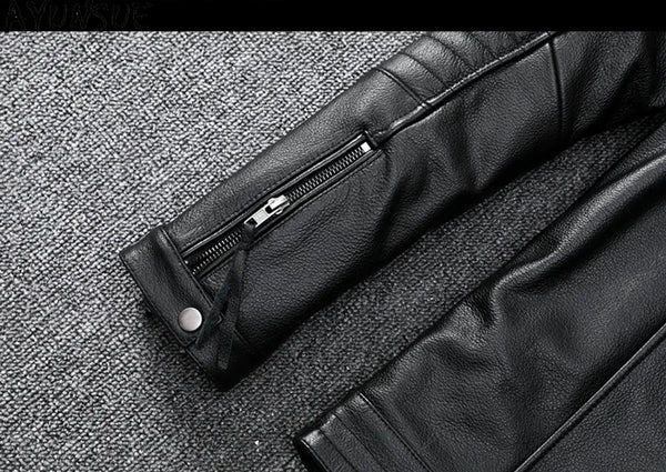 Men's slim fit leather motorcycle jacket in premium cow leather with stand collar and zip closure, perfect for spring and aut