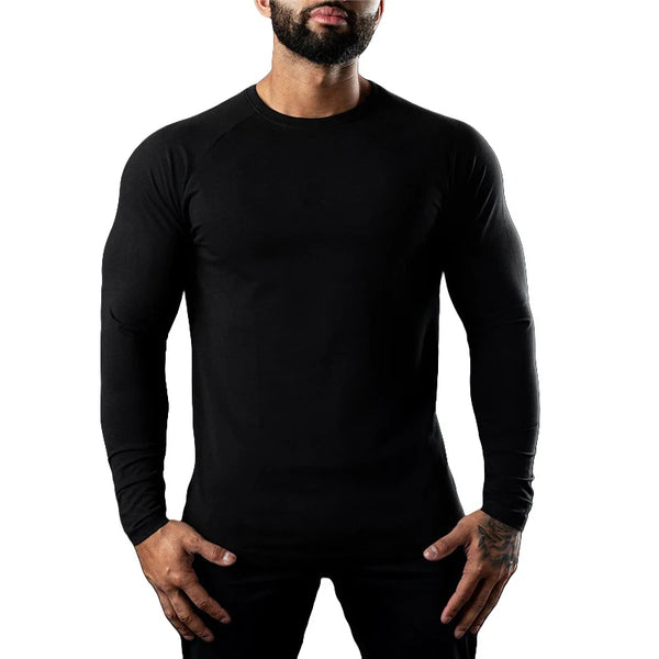 Men's long sleeve cotton tee in black, featuring moisture-wicking technology for comfort and breathability in casual wear.