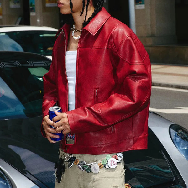 Men's red PU leather jacket in retro hip-hop style, featuring a loose fit, smooth zipper, and comfortable polyester lining.