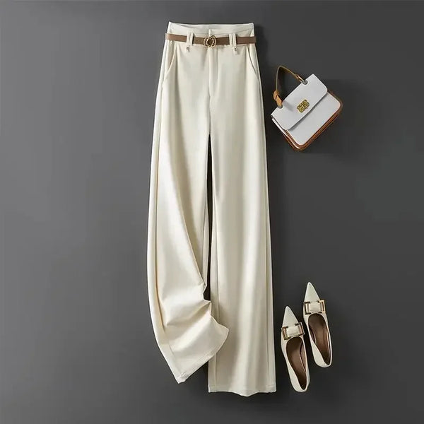Elegant wide-leg work trousers for women in cotton blend, high waist, perfect for office wear and business casual outfits.