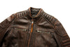 Premium men's leather biker jacket in rich brown with stand collar, crafted from durable first-layer calfskin leather.