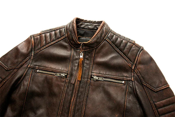 Premium men's leather biker jacket in rich brown with stand collar, crafted from durable first-layer calfskin leather.
