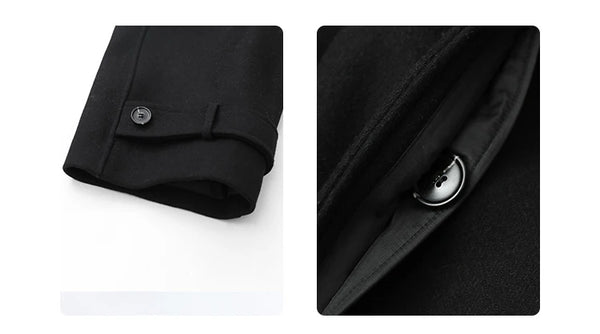 Professional wool trench coat featuring turtleneck and adjustable waist belt