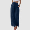 Elegant wide-leg pants featuring cotton-linen fabric, pleated front, and adjustable straps