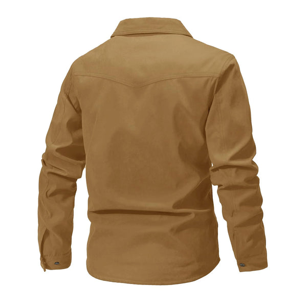 Men's Western Flannel-Lined Casual Jacket with metal buttons, multiple pockets, and soft flannel lining for cool weather.