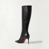 Brown knee-high stiletto boots featuring a sleek pointed toe.