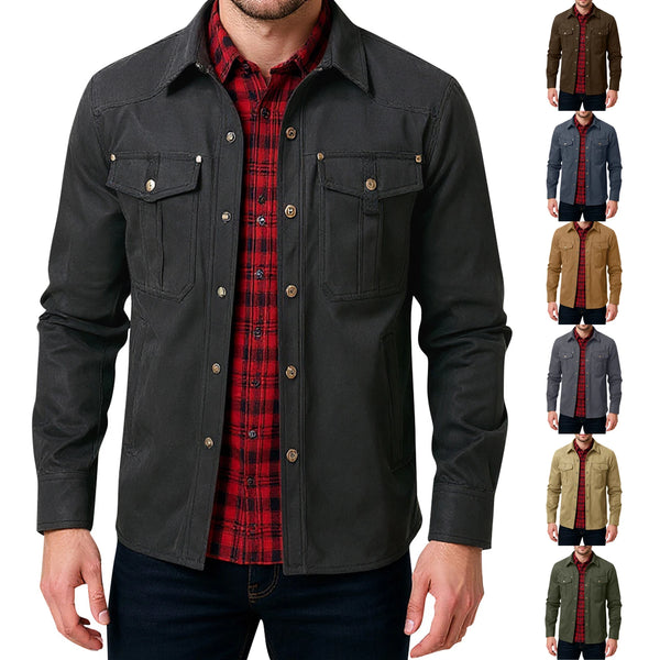Men's Western Flannel-Lined Casual Jacket with metal buttons, multiple pockets, and soft flannel lining for warmth and style.