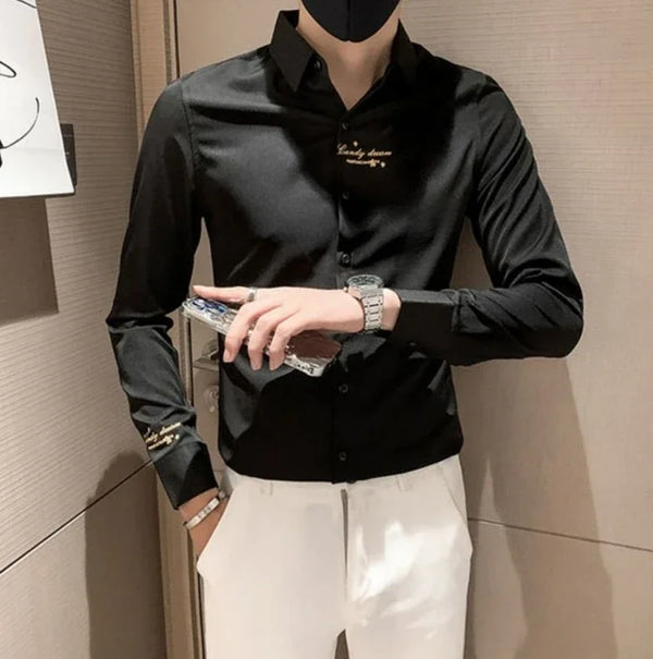 Elegant men's embroidered white long sleeve shirt with turn-down collar, perfect for casual outings and social events.