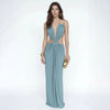 Special occasion halter dress showcasing open back design with waist cutouts