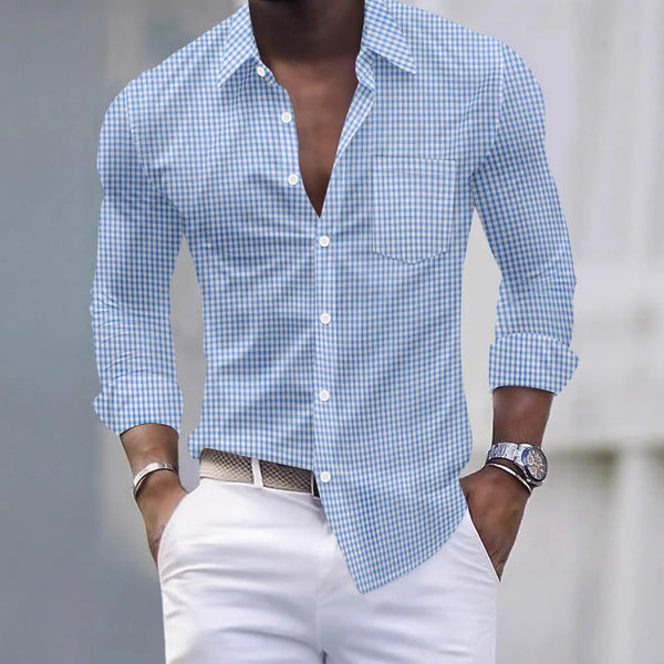 Men's business casual plaid long-sleeve shirt in soft polyester with turn-down collar, perfect for autumn and spring wear.