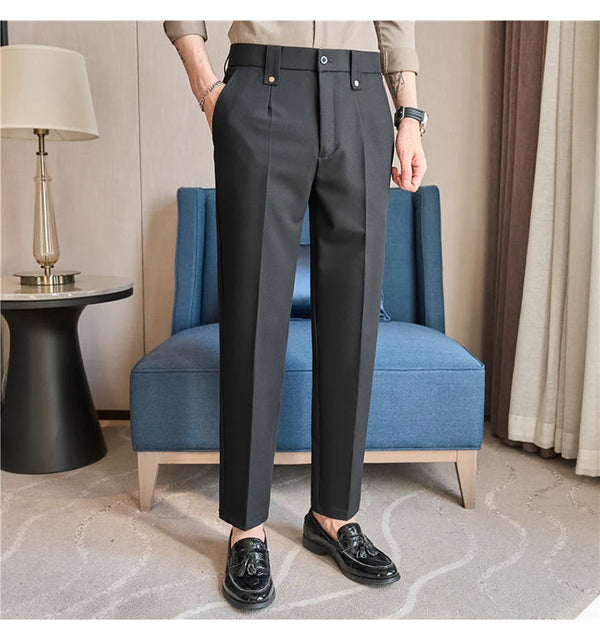 Men's slim fit dress pants in British style with elastic waist, perfect for casual or formal occasions, made from polyester b