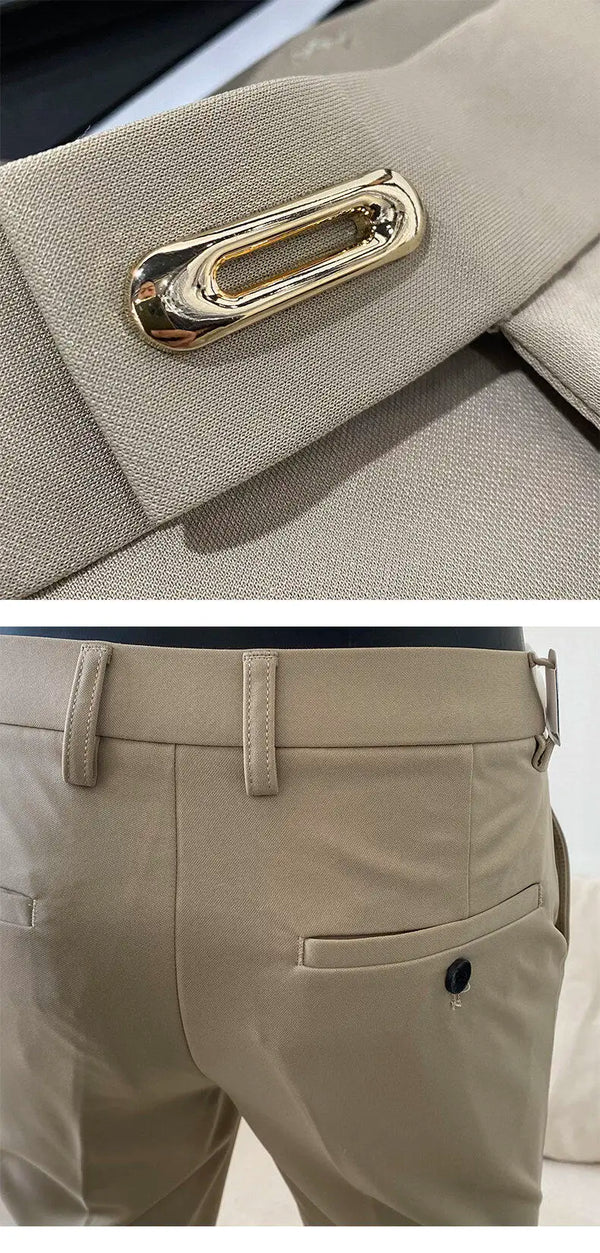 Slim fit business dress pants for men in black, khaki, and navy blue, perfect for autumn office wear and smart casual events.