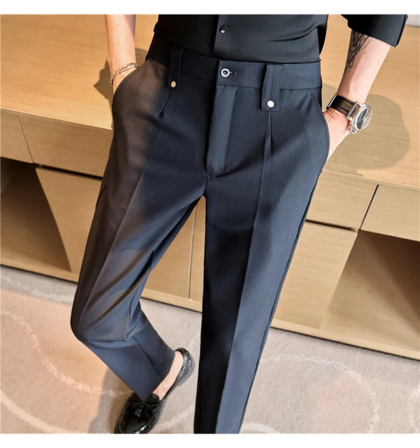 Men's slim fit dress pants in British style with elastic waist, perfect for casual or formal occasions, made from polyester b