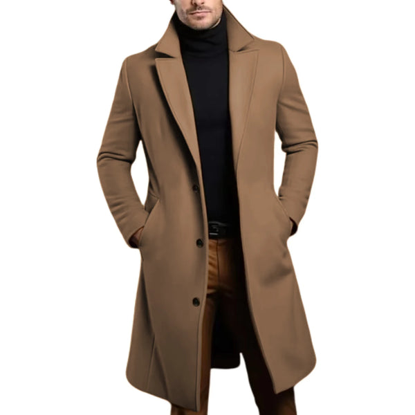 Elegant men's trench coat with stand collar and buckles, perfect for casual and formal occasions, made from durable polyester