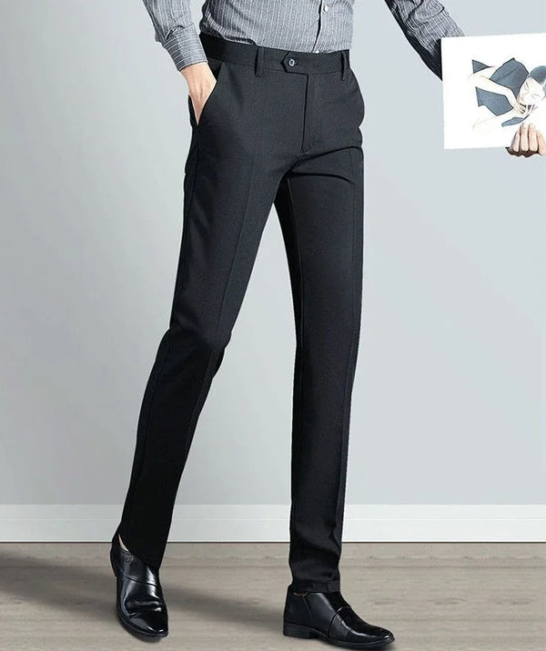 Elegant slim fit men's suit trousers in black, perfect for business attire and formal events, crafted from cotton-polyester b