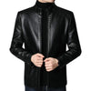 Men's faux leather jacket with zip-up front, stand collar, and long sleeves, perfect for autumn and winter styling.