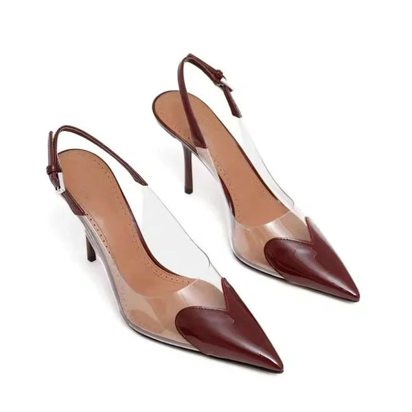See-through pointed-toe pumps with adjustable strap and high heel