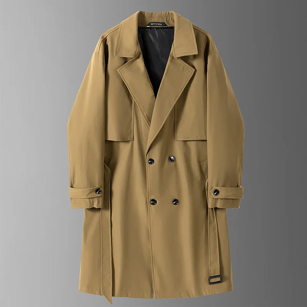 Men's military green slim fit trench coat with double-breasted closure and notched lapel, perfect for spring and autumn wear.