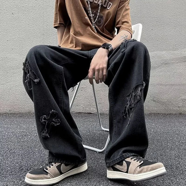 Blue wide-leg denim jeans for men, perfect for casual street style.
