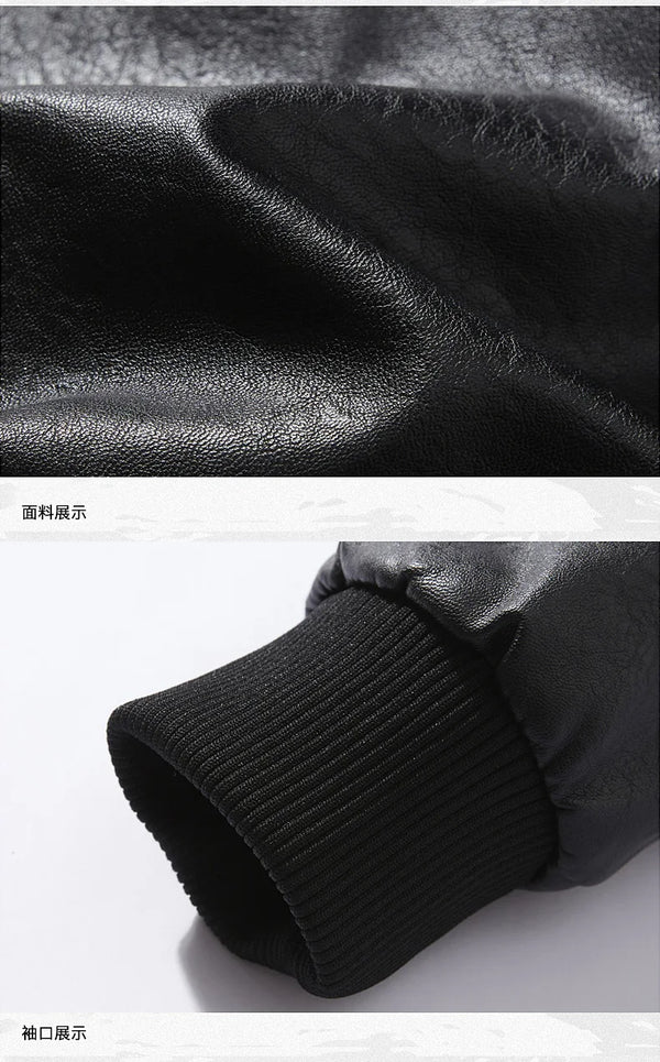 Men's Autumn/Winter Embroidered Leather Biker Jacket with detachable collar, fleece lining, and classic aviator design.