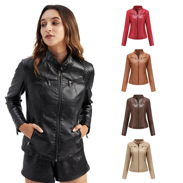 Chic women's slim leather biker jacket with zip detail, stand-up collar, and tailored fit for stylish urban looks.