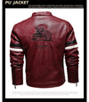 Stylish Men's PU Leather Biker Jacket in red, dark blue, and black with embroidery, perfect for winter and casual outings.