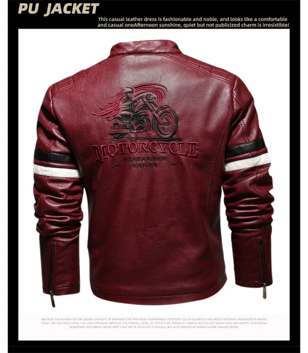 Stylish Men's PU Leather Biker Jacket in red, dark blue, and black with embroidery, perfect for winter and casual outings.