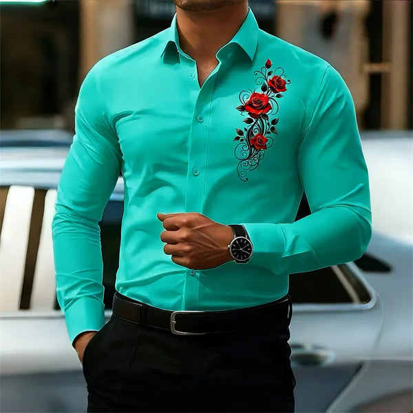 Bold red rose pattern shirt with vintage charm and modern comfort
