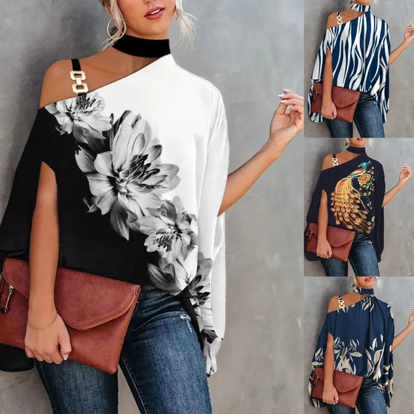 Elegant floral print blouse with batwing sleeves, halter collar, perfect for casual or office wear, made from soft cotton ble