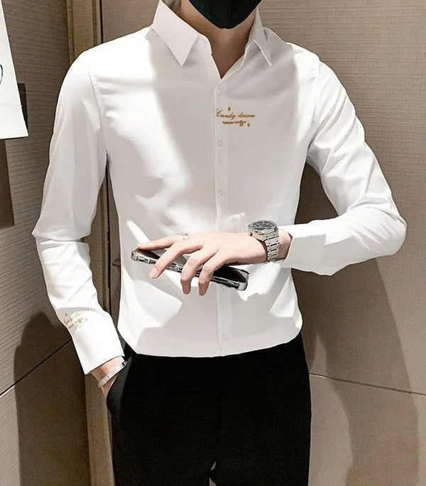 Elegant men's embroidered white long sleeve shirt with turn-down collar, perfect for casual and social events.