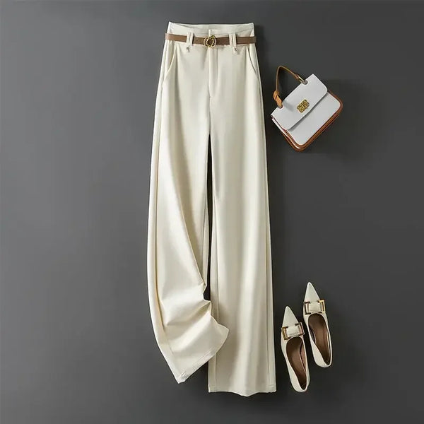 Elegant wide-leg work trousers for women in cotton blend, high waist, perfect for office wear and business casual outfits.