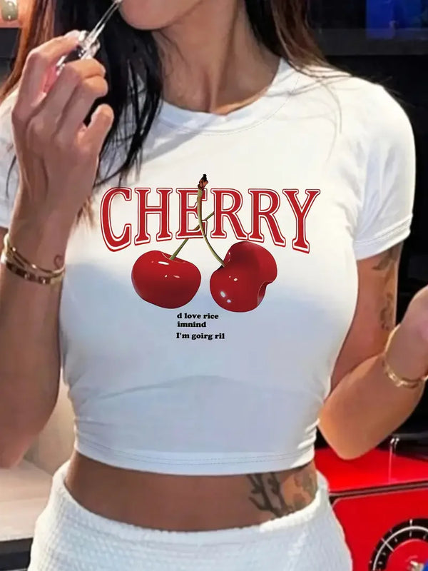 Vibrant cherry pattern Y2K crop tee with super-short length and comfortable stretch fabric