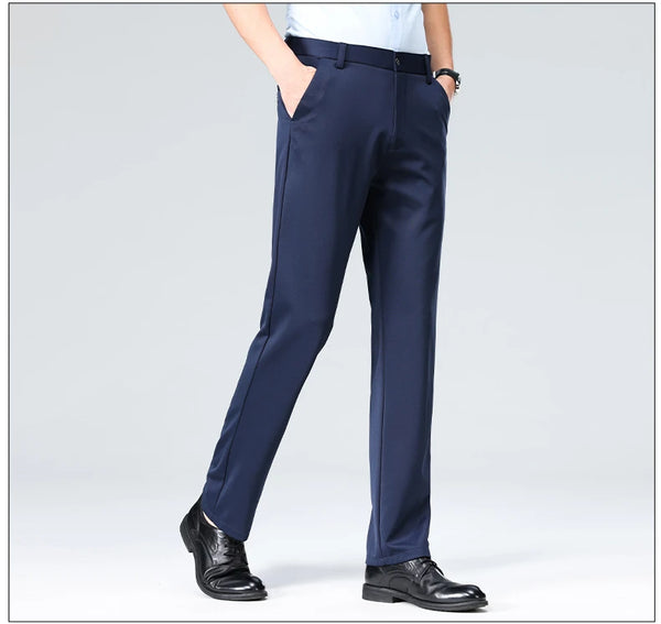 Detail shot of zipper fly and flat front construction on professional business pants