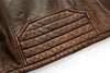 Premium men's leather biker jacket in rich brown with stand collar, crafted from durable first-layer calfskin leather.