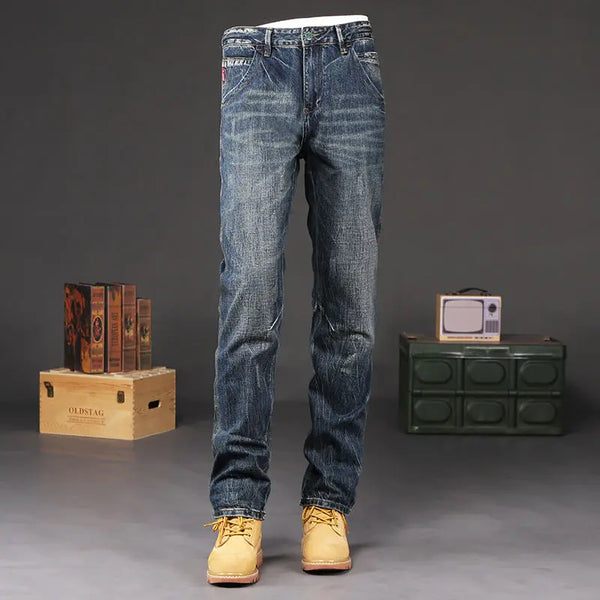 Front view of men's straight jeans with a comfortable slim fit.