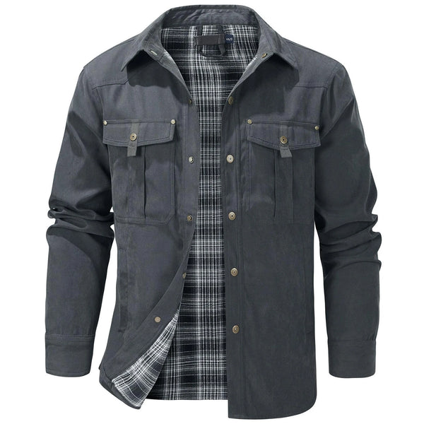 Men's Western Flannel-Lined Casual Jacket with metal buttons, multiple pockets, and cozy flannel lining for cool weather.