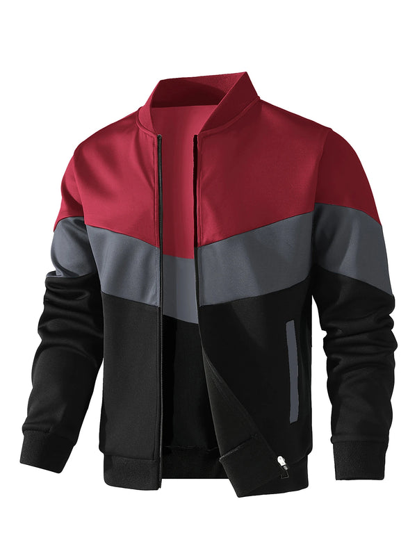 Men's Trendy Color Block Bomber Jacket in US sizes, stylish zip-up design, perfect for all-season casual wear and outdoor act
