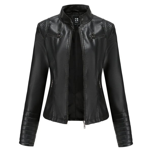 Chic women's slim leather biker jacket with zip detail, stand-up collar, and flattering fit for stylish urban looks.