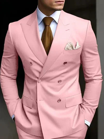 Full view of a stylish double-breasted suit, perfect for any season.