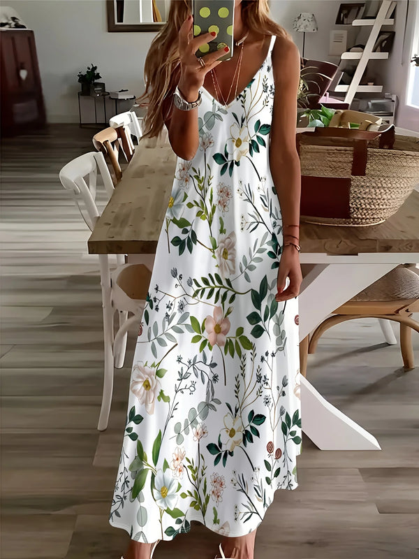 Floral V-neck A-line dress in ankle length with romantic garden print on flowing polyester fabric