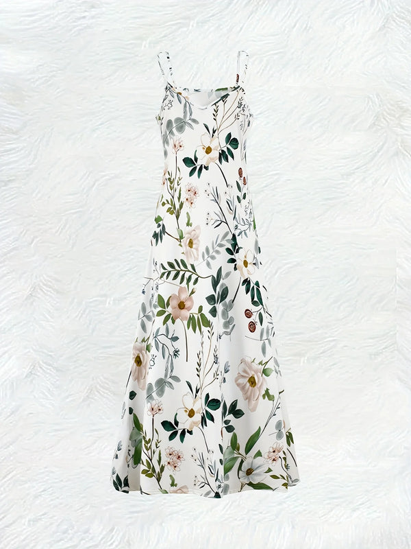 Elegant ankle-length floral dress with stretch polyester fabric and classic V-neck design for all seasons