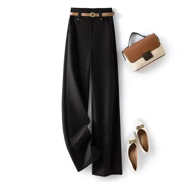 Elegant wide-leg work trousers for women in cotton blend, high waist, perfect for office wear and business casual outfits.