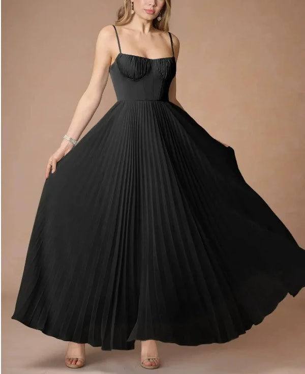 Slim-fit suspender evening dress with elegant high-waist and textured pleating throughout