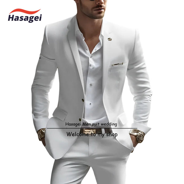 Elegant white summer suit for men, slim fit with notch lapel, perfect for weddings and business events.