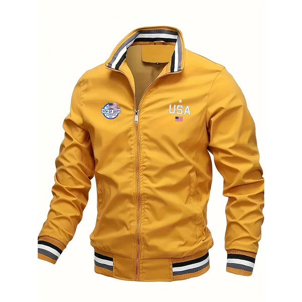 Men's Casual Varsity Bomber Jacket with USA print, stylish and comfortable for spring and autumn, featuring ribbed cuffs and