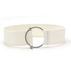 Chic round buckle women's elastic waist belt in neutral color, perfect for stylishly accentuating any outfit.