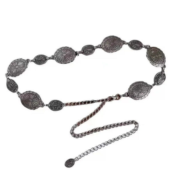 Chic women's decorative metal waist chain belt, stylish retro design, perfect for dresses and jeans, adjustable for versatili
