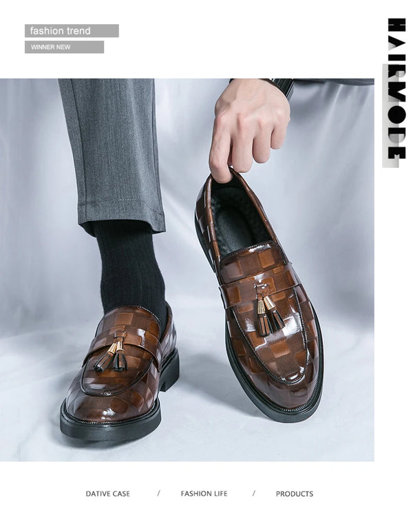 Slip-on black dress shoes for easy styling and comfort.