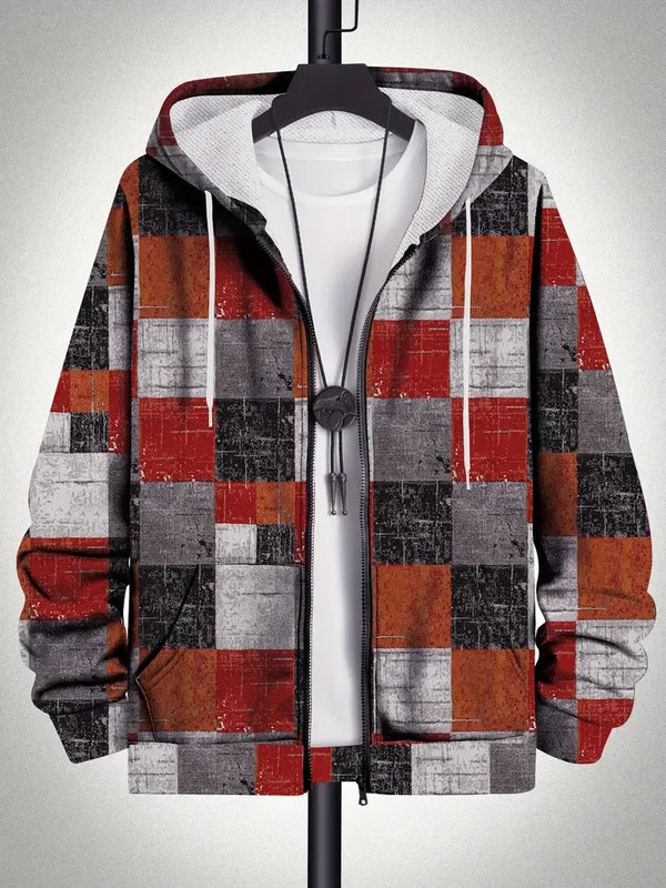 Men's regular-fit zip-up hoodie in eye-catching retro plaid patchwork style